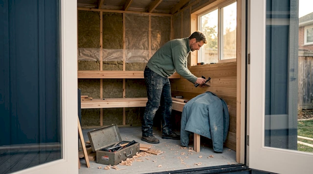 What Is an Outdoor Sauna? Your 2026 Backyard Guide 2 carpenter building backyard cabin sauna interior