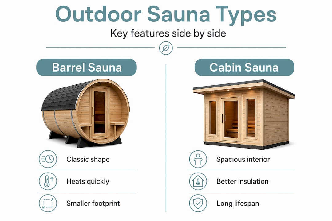 What Is an Outdoor Sauna? Your 2026 Backyard Guide 1 infographic comparing barrel vs. cabin saunas