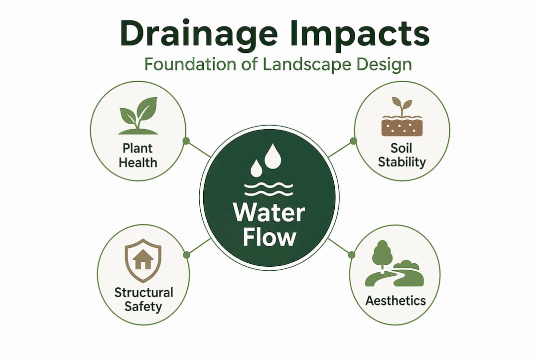 Infographic showing key impacts of drainage in landscape design