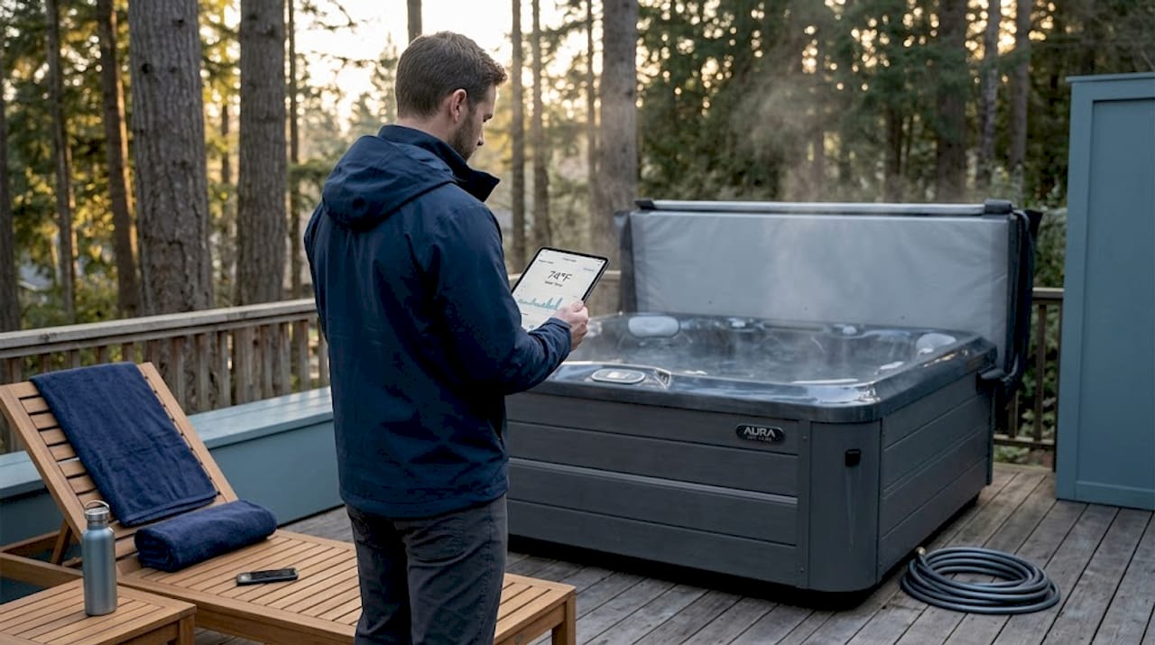 What Are Smart Hot Tubs? Features, Benefits, and More 1 man checking hot tub energy usage on tablet
