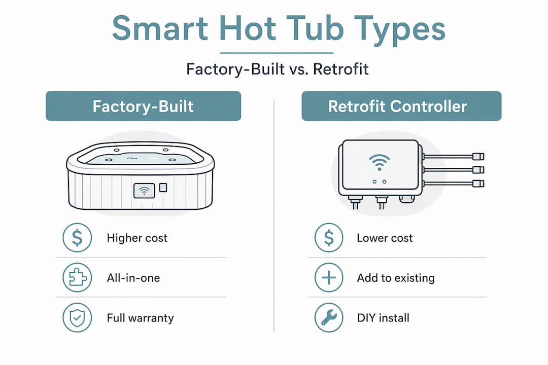 What Are Smart Hot Tubs? Features, Benefits, and More 2 infographic comparing factory and retrofit smart hot tubs