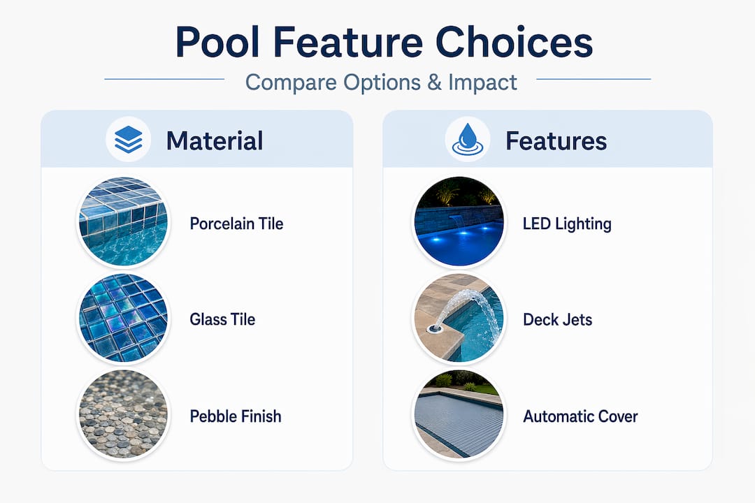Infographic comparing pool materials and features