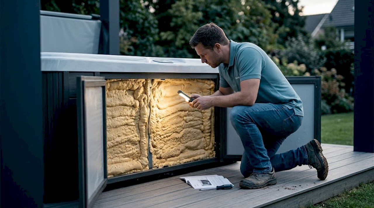 Energy Efficiency in Hot Tubs: Cut Costs Now 1 worker checking hot tub insulation