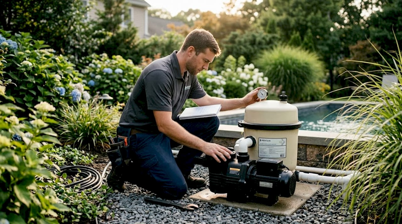Pool technician inspecting equipment and filter