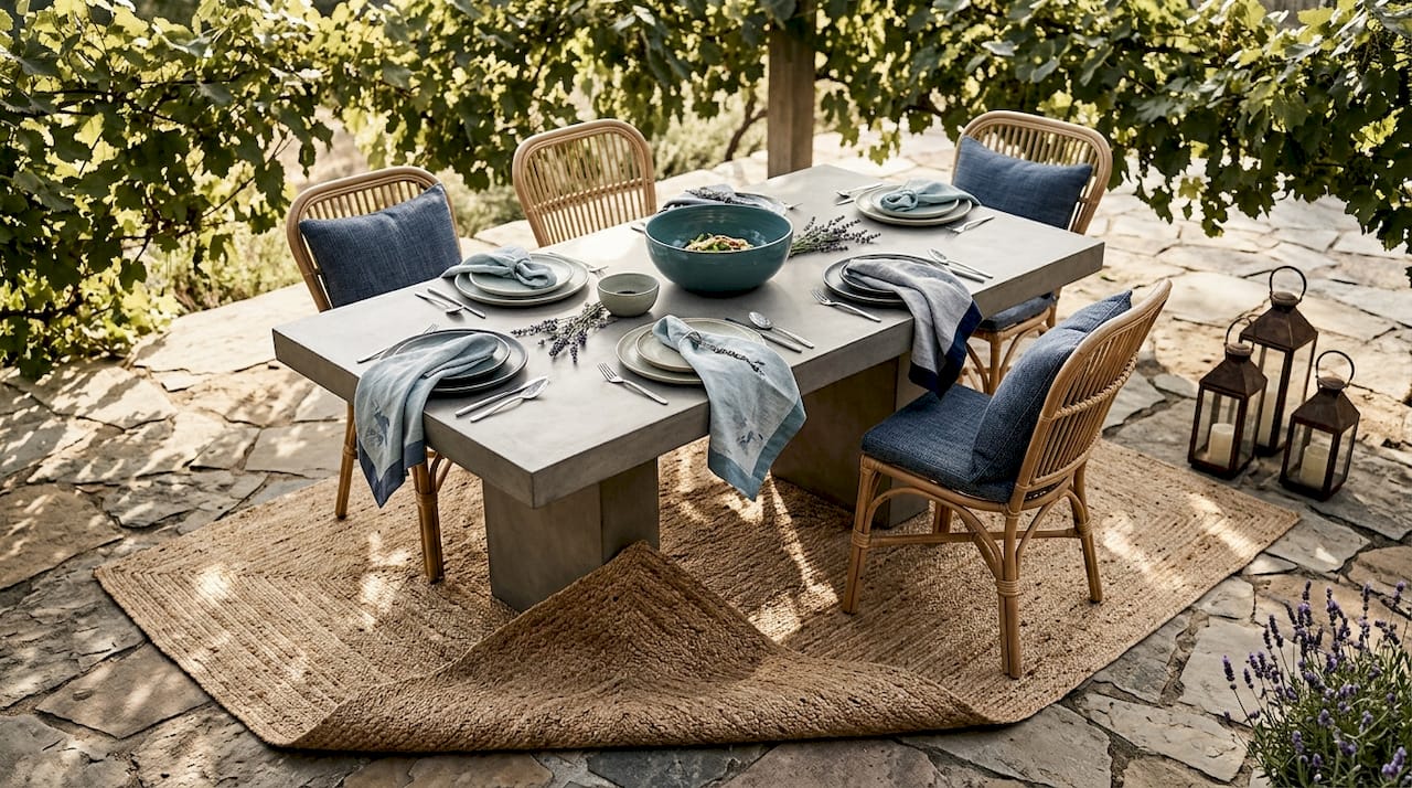 outdoor dining area with layered textures and decor