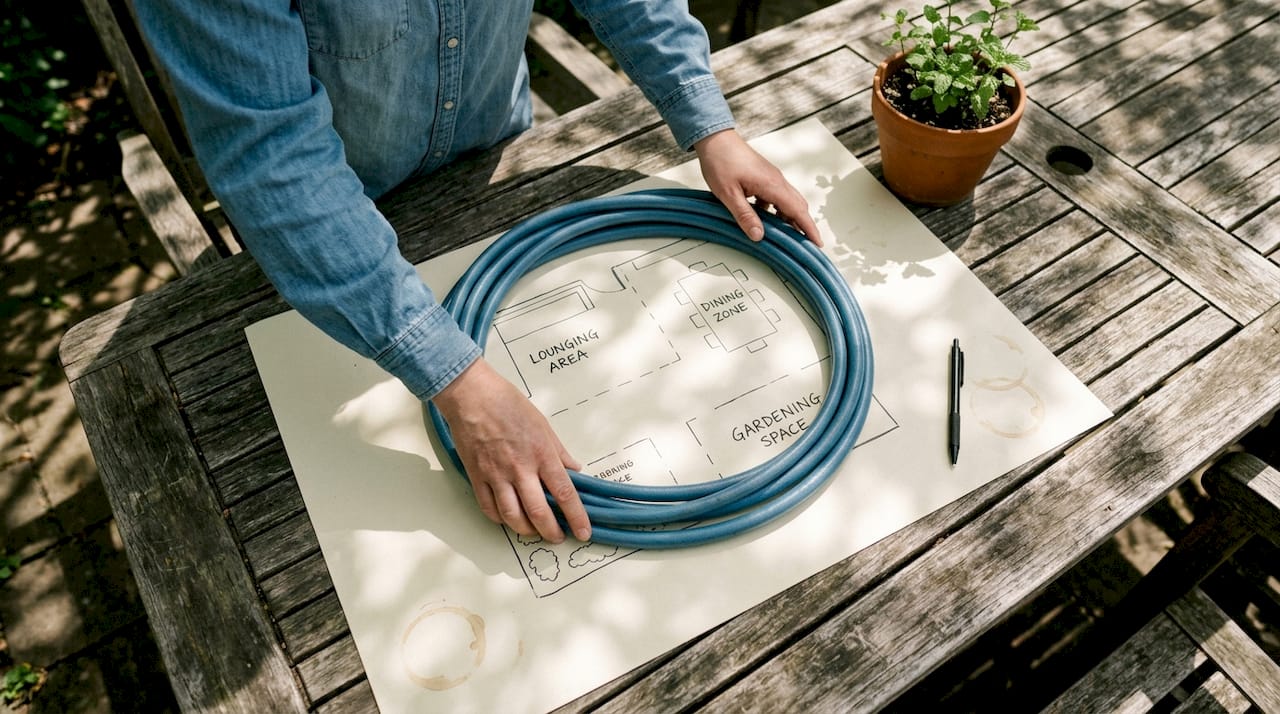 Backyard retreat zoning plan with garden hose
