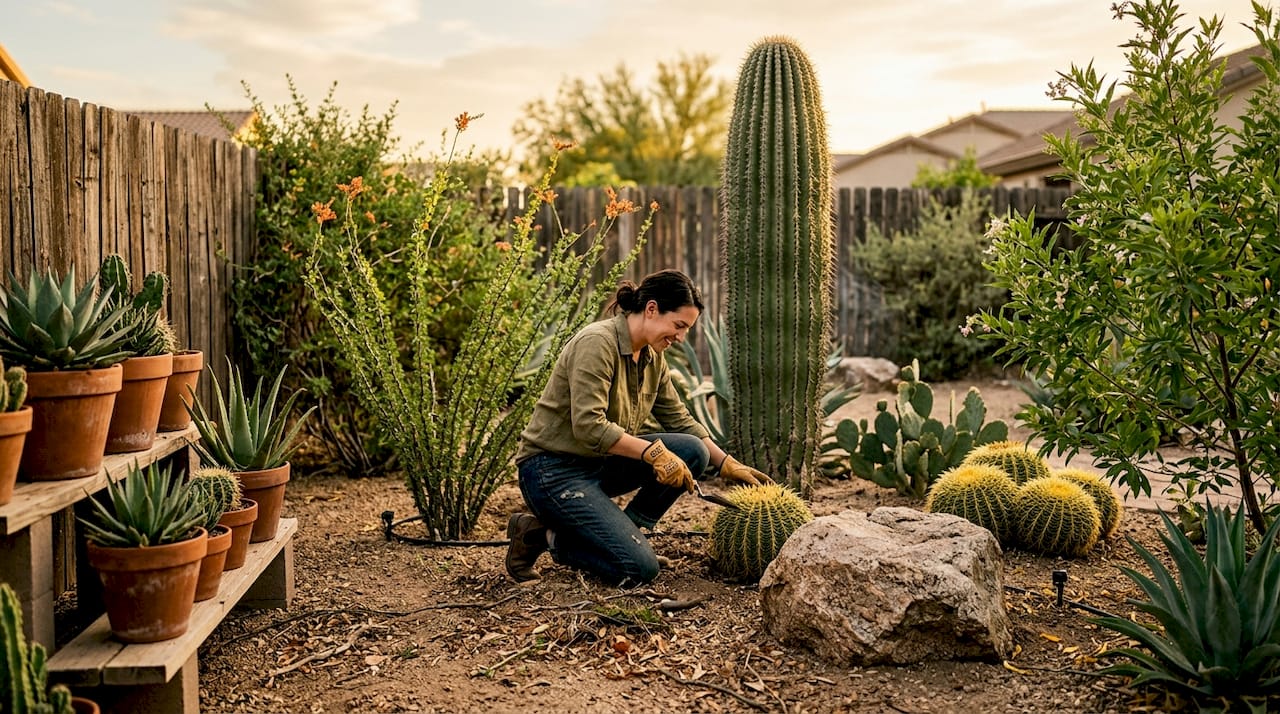 Desert plants and landscaping materials close-up