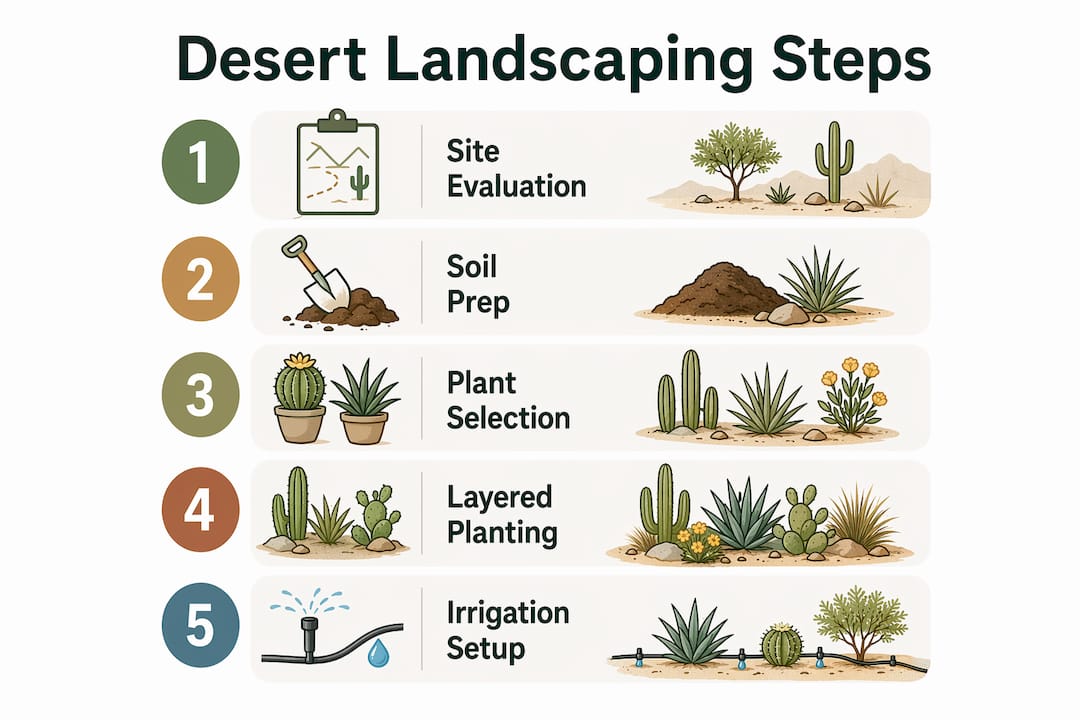 Infographic outlining desert landscaping process steps