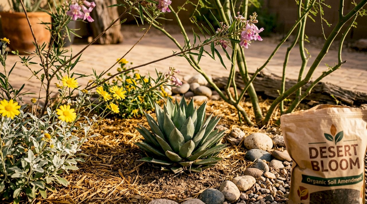 Collection of drought-tolerant plants in sunlit garden