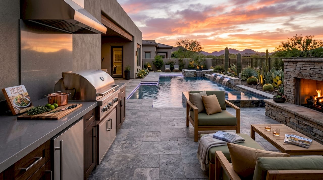 Luxury finished outdoor pool and kitchen
