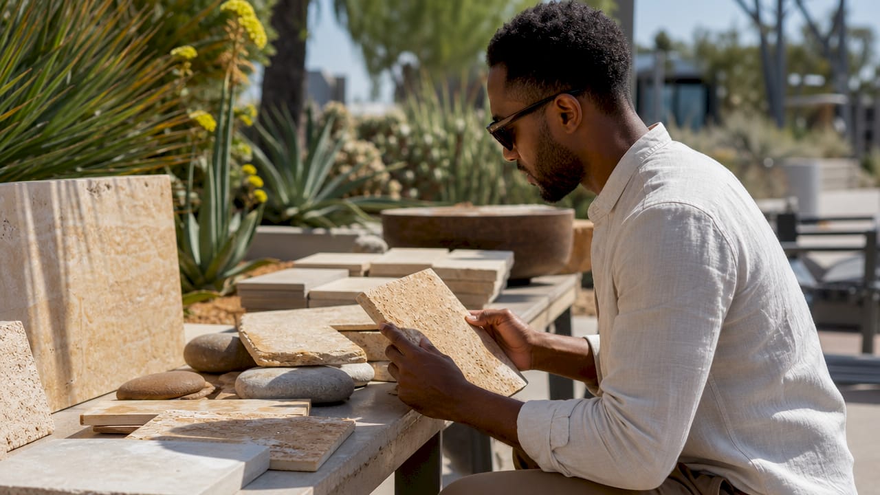 Landscape architect reviewing natural stone samples