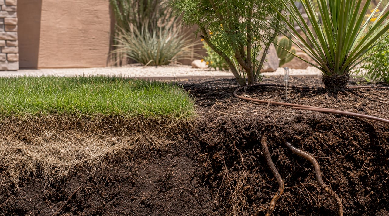 Overhead view of contrasting lawn and desert plant roots