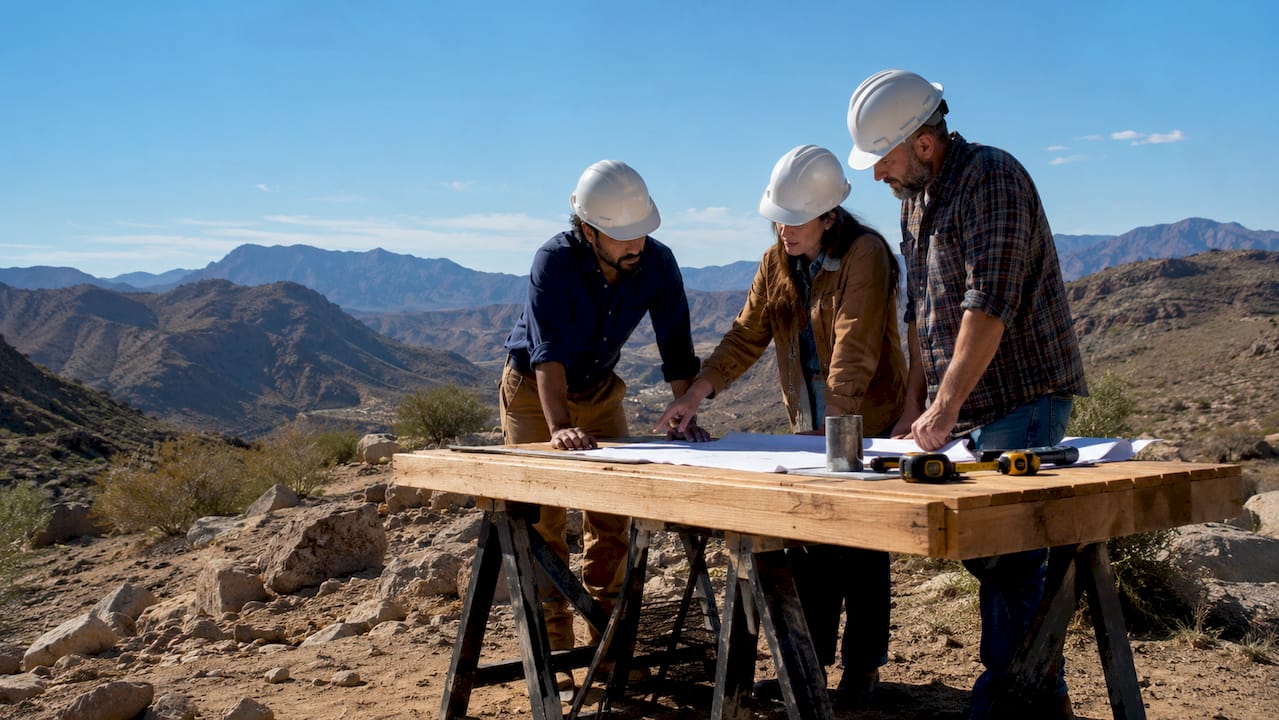 Team reviewing outdoor construction site plans