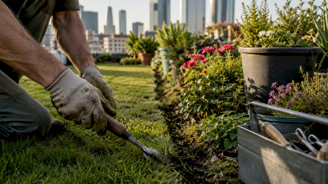 Gardener trimming lawn edges with tools