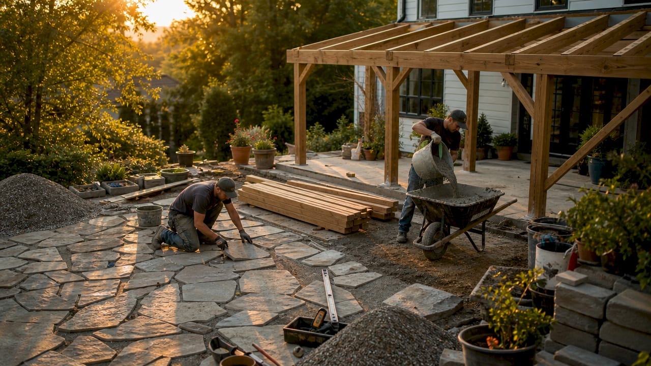 Construction workers building backyard outdoor living space