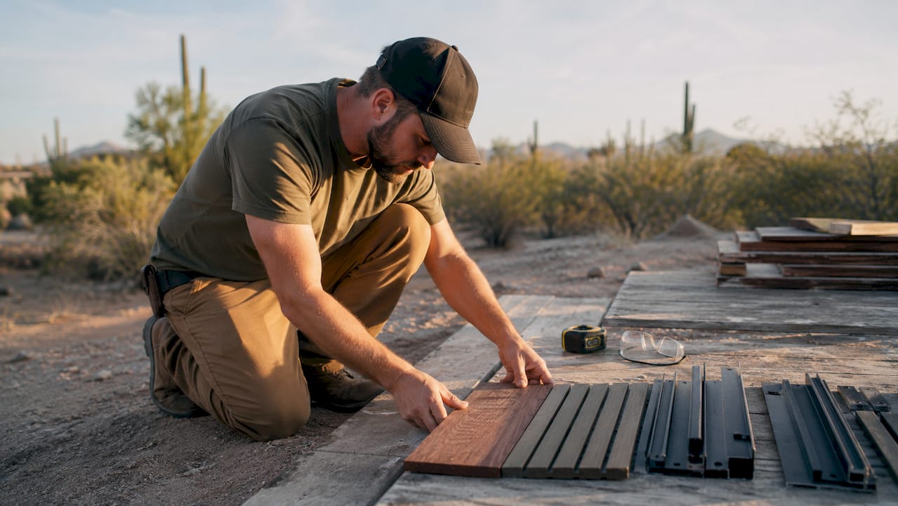 Hands comparing outdoor building material samples