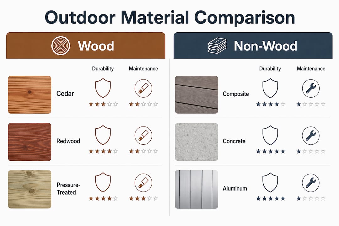 Infographic comparing wood and non-wood outdoor materials durability