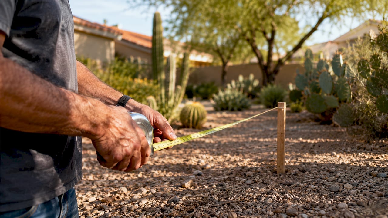 Hands measuring backyard setback distance