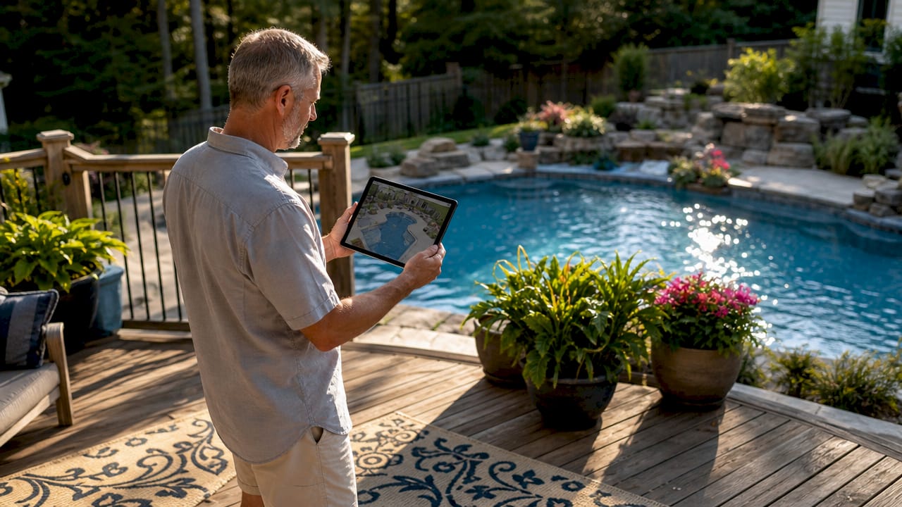 Man controlling virtual pool walkthrough on TV