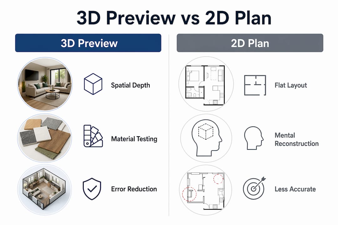 Infographic comparing 3D previews and 2D plans for outdoor spaces