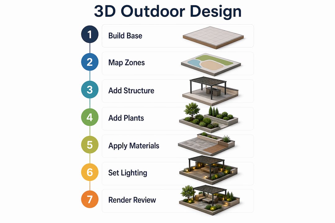 Step-by-step infographic for 3D outdoor design