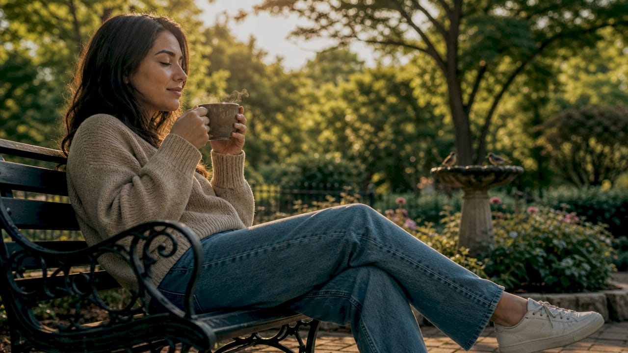 Woman relaxing in backyard garden with tea
