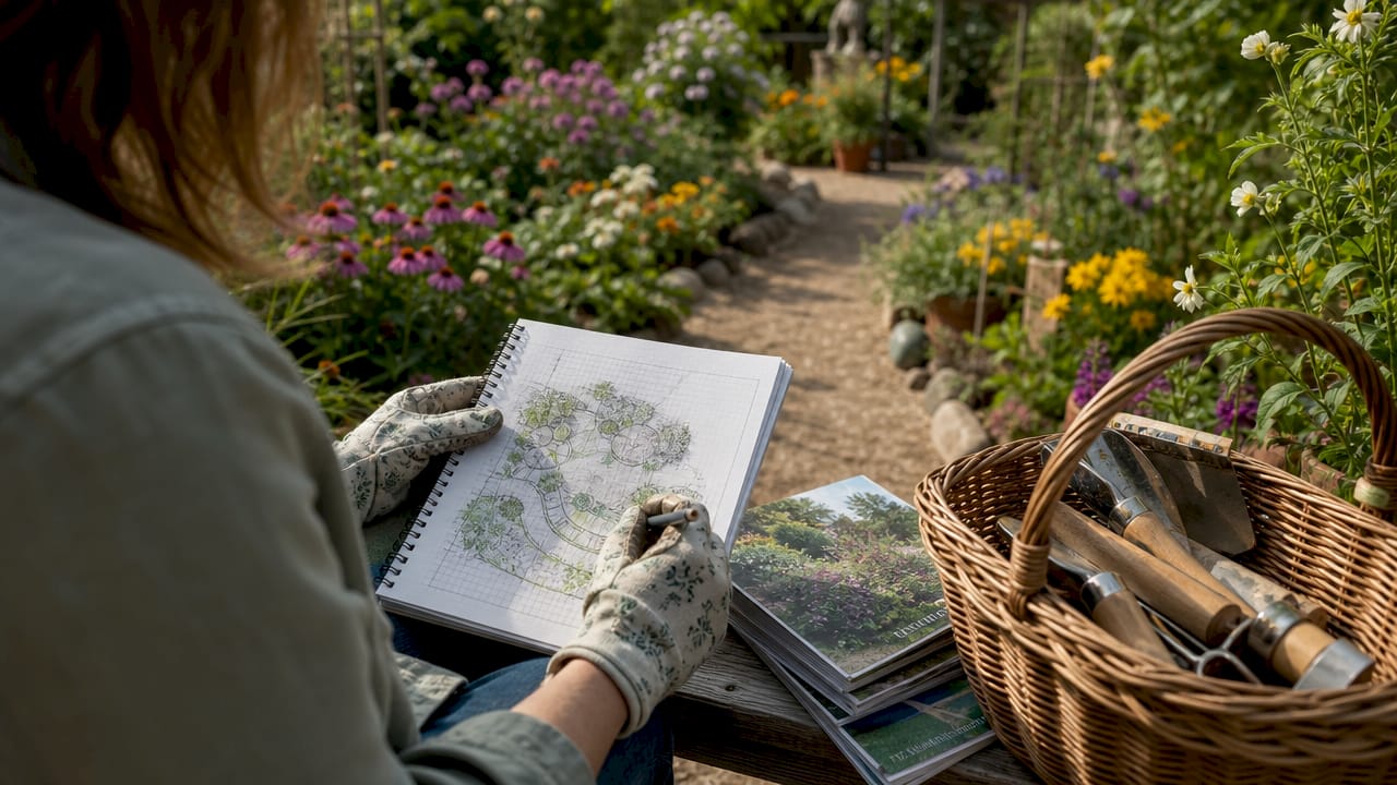 Hands sketching garden design concepts on patio table