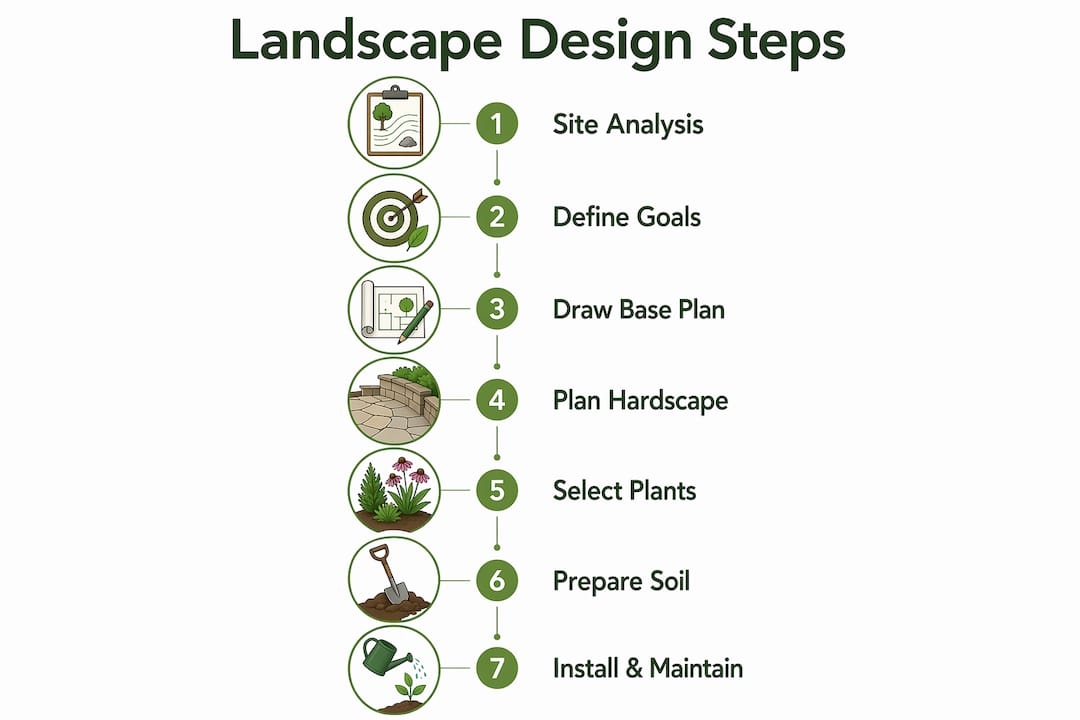 Infographic illustrating landscape design process steps