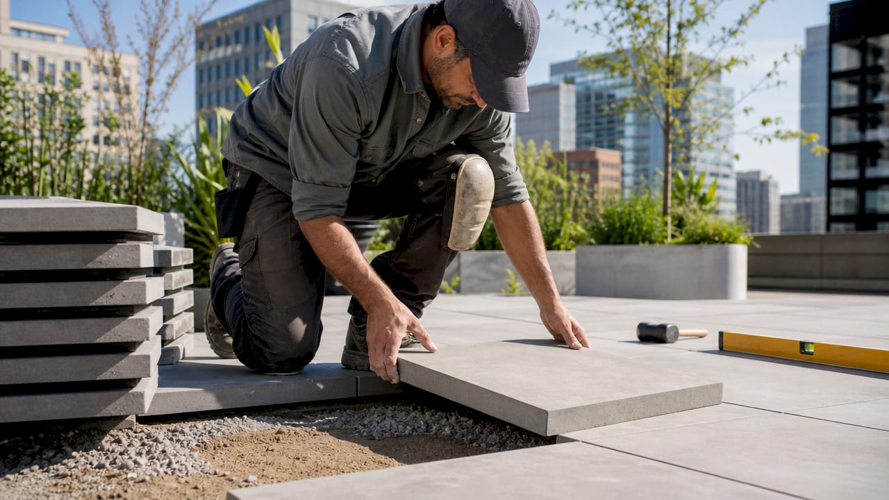 Contractor installing large-format modern concrete pavers outdoors
