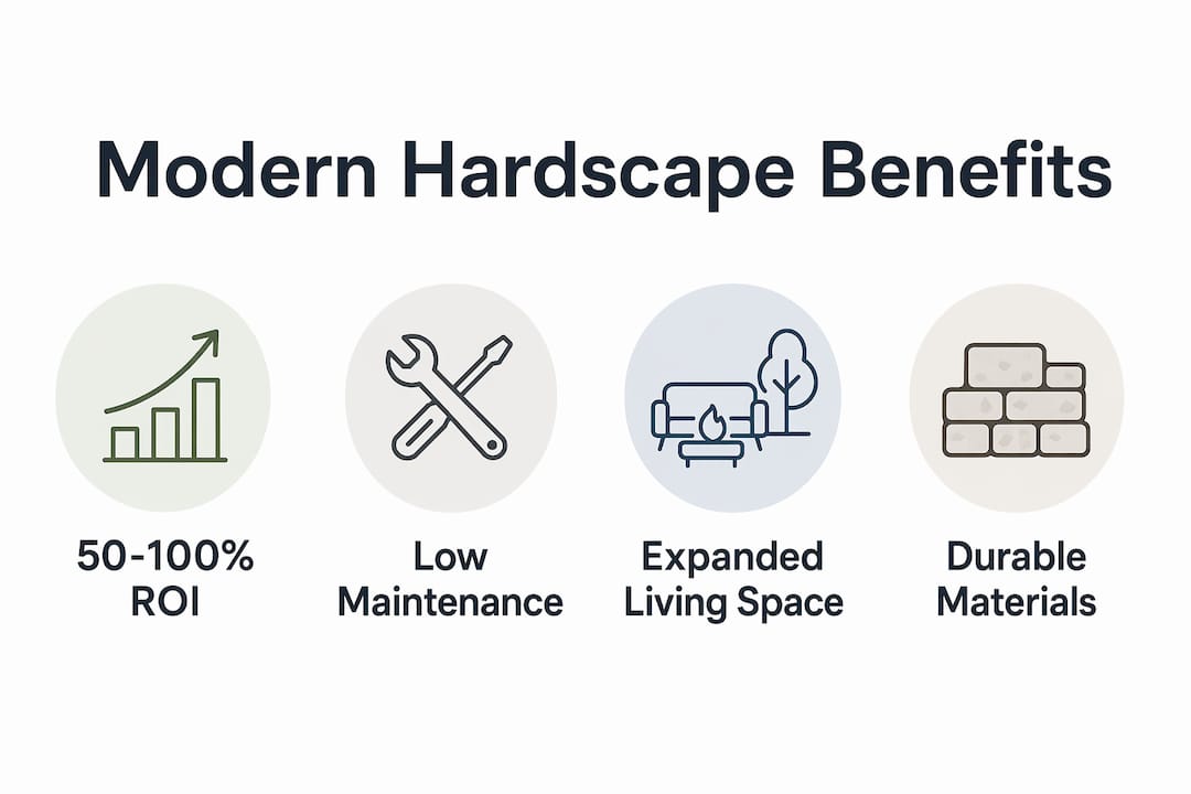 Infographic showing key benefits of modern hardscape including ROI and maintenance