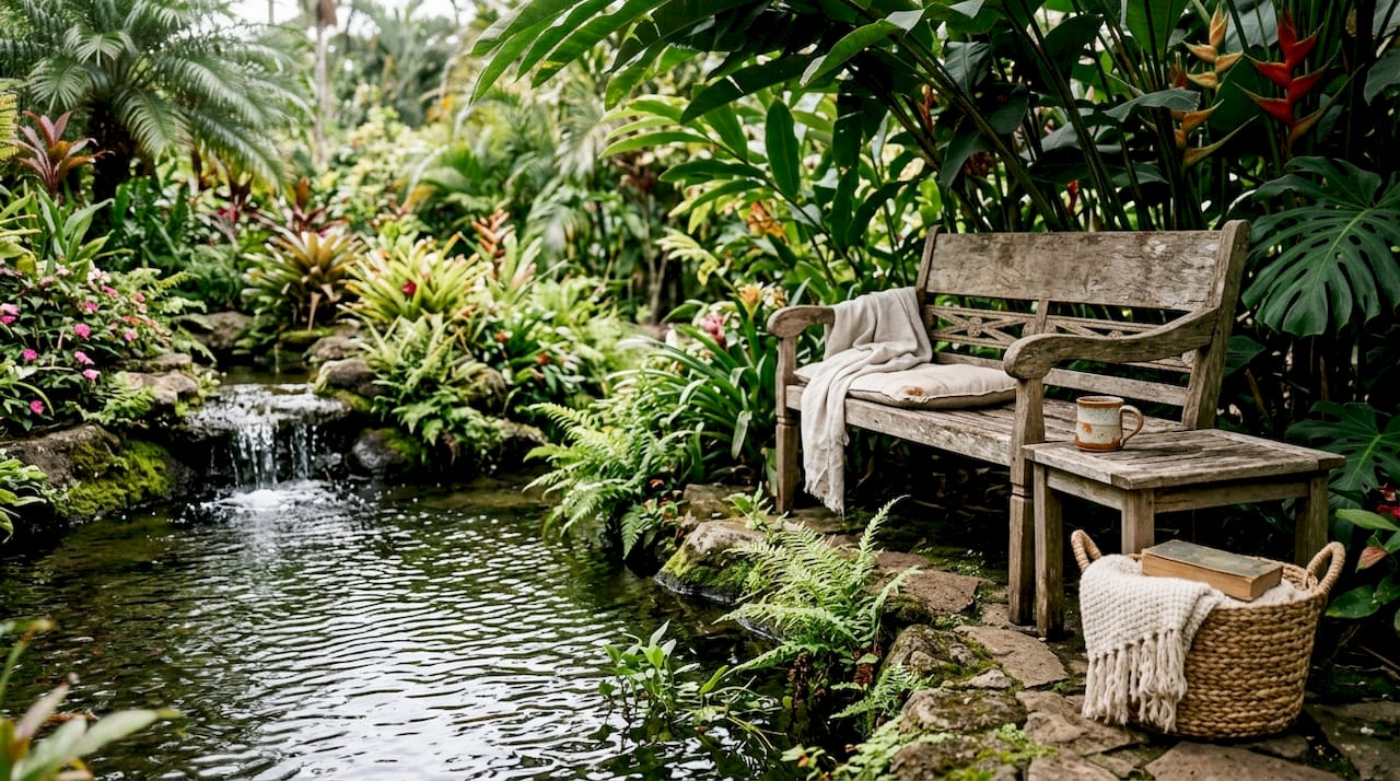 Patio seating area with cooling water fountain