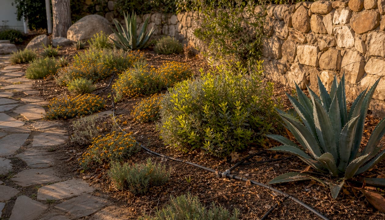 Overhead view of xeriscape irrigation zones and plants