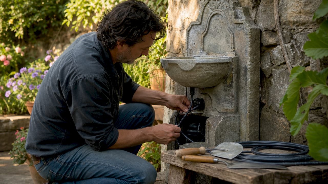 Craftsman assembling water fountain components outdoors