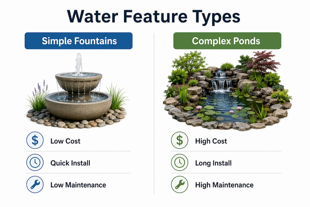Infographic comparing simple fountains and complex ponds