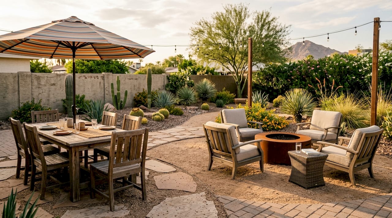 Backyard showcasing distinct outdoor function zones in Phoenix