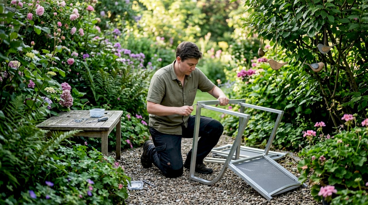 Hands assembling aluminum outdoor chair frame