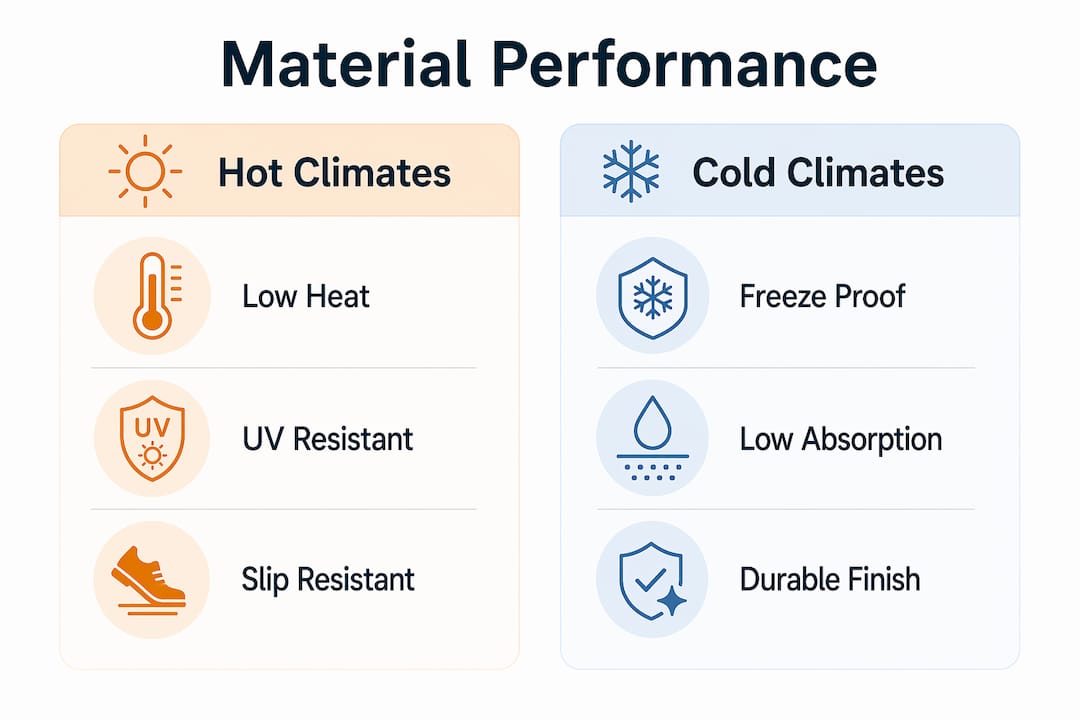 Infographic comparing outdoor material performance in hot and cold climates