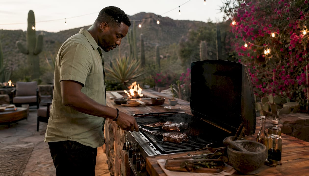 Chef cooking at luxury outdoor kitchen