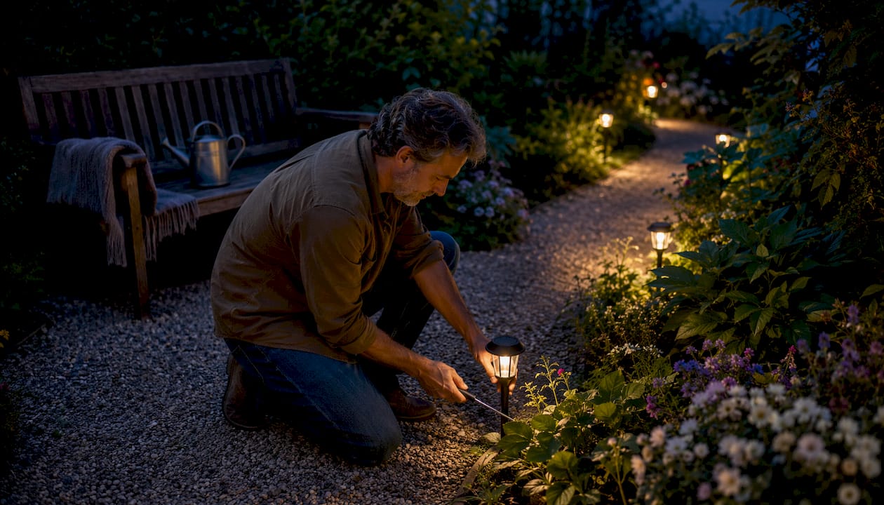 Man adjusting warm pathway lighting outdoors
