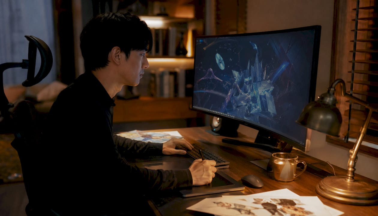 Developer using graphics tablet for 3D rendering