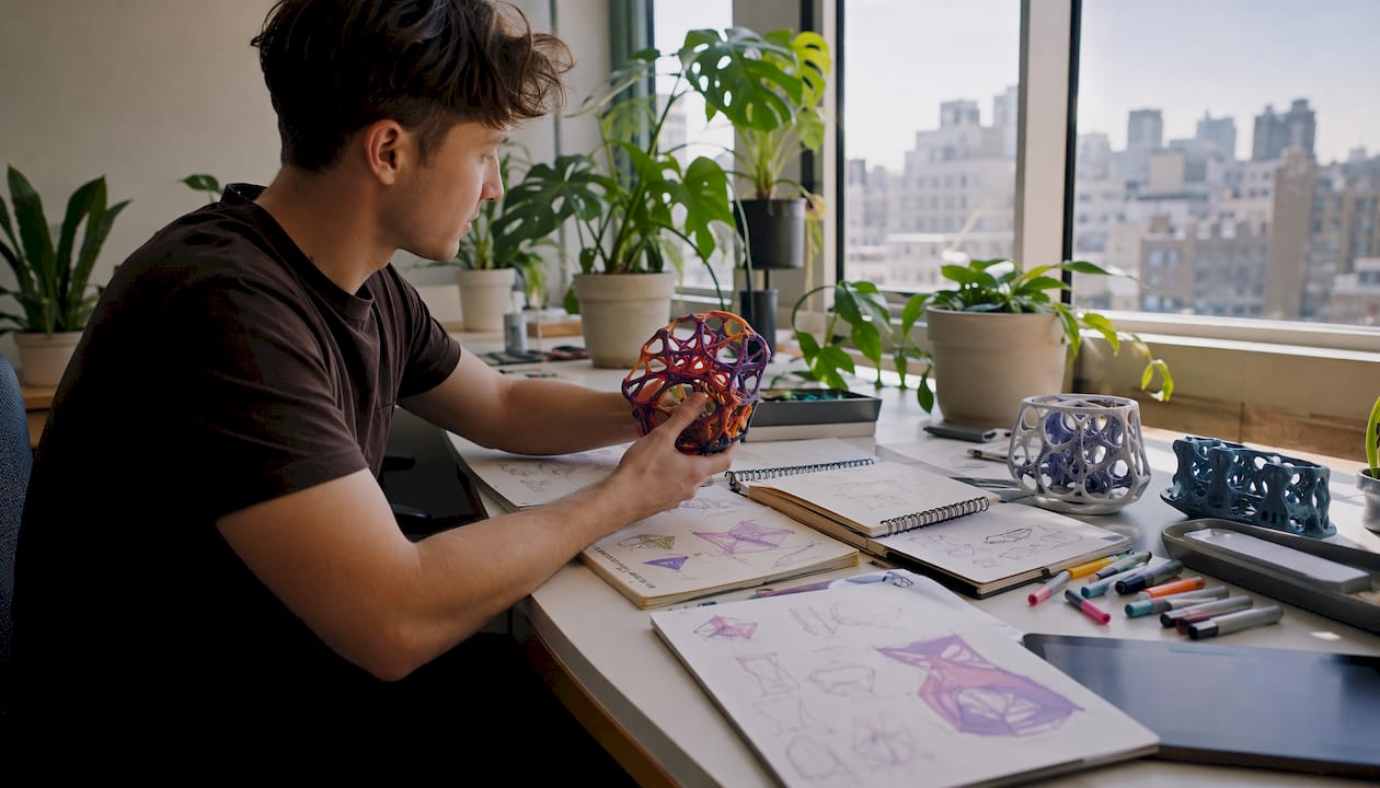 Hands interacting with 3D model and tools on desk