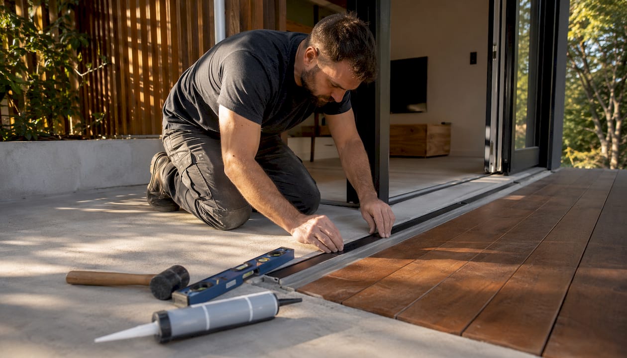 Hands installing flush door sill threshold