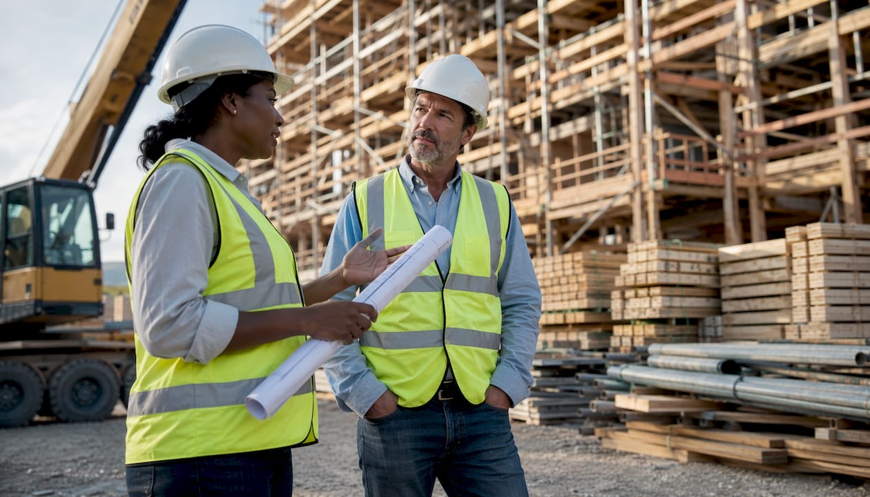 Project manager and contractor discussing site progress