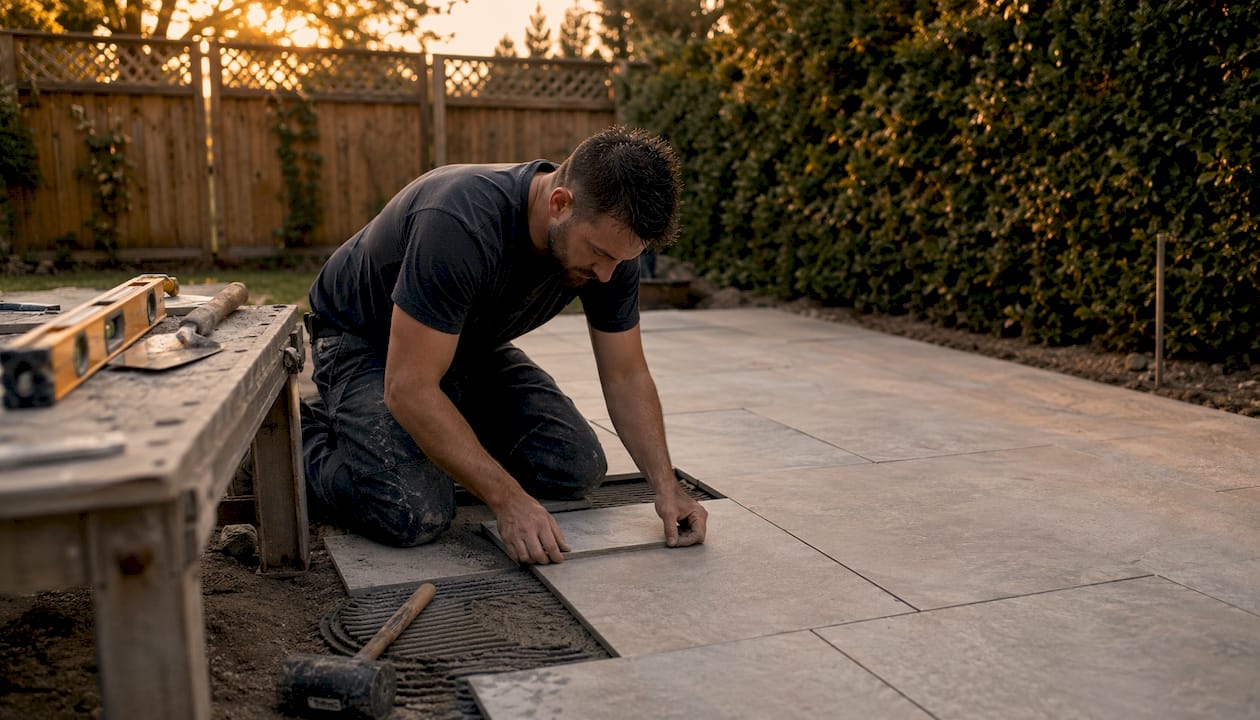 Hands arranging patio tiles in backyard