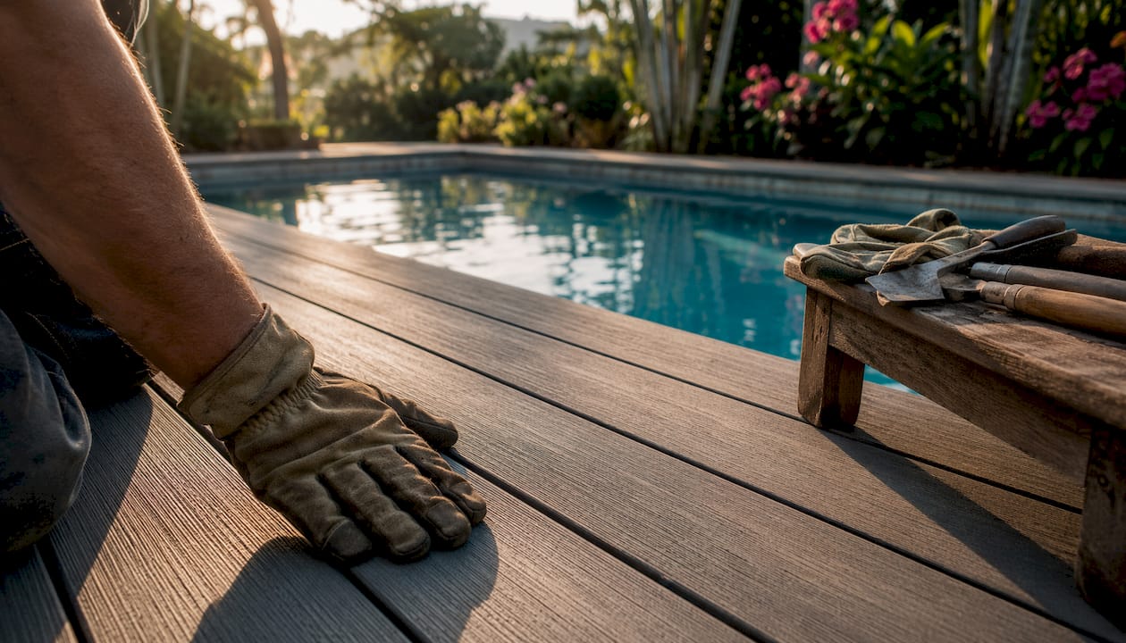 Hand inspecting weather-resistant decking texture