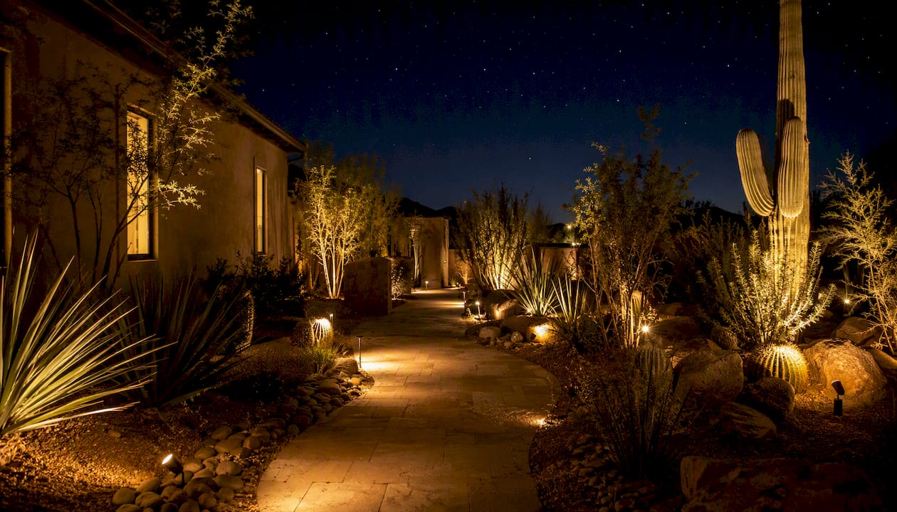 Warm pathway lighting in outdoor desert landscaping