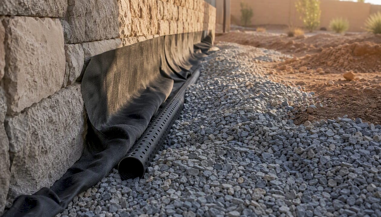 Drainage system behind retaining wall