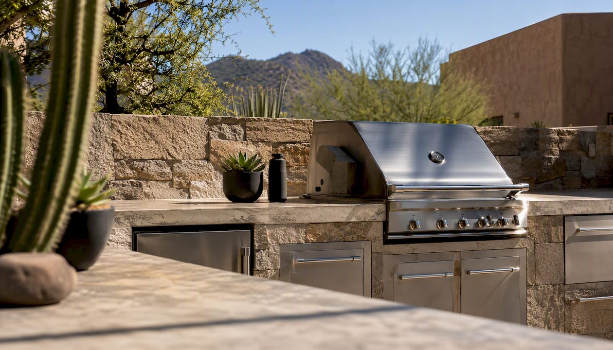 Durable stone countertop and steel cabinetry in outdoor kitchen