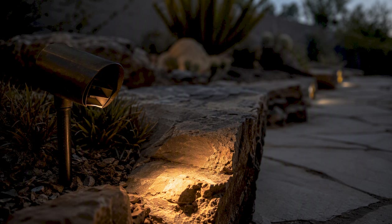 Close-up of shielded landscape light fixture