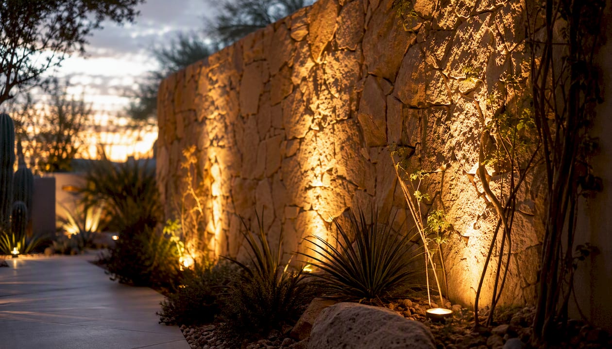 Grazing light reveals textured stone wall
